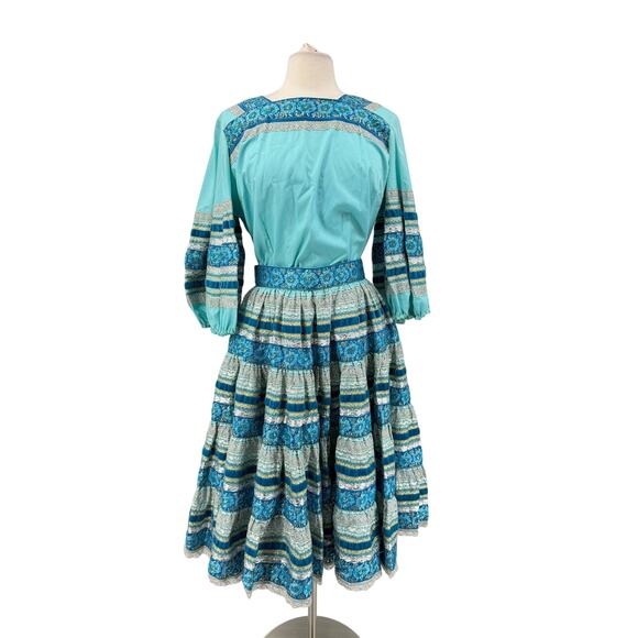 Vintage 70s Desert Flower Turquoise Western Top Circle Skirt Festival Prairie - Picture 2 of 16